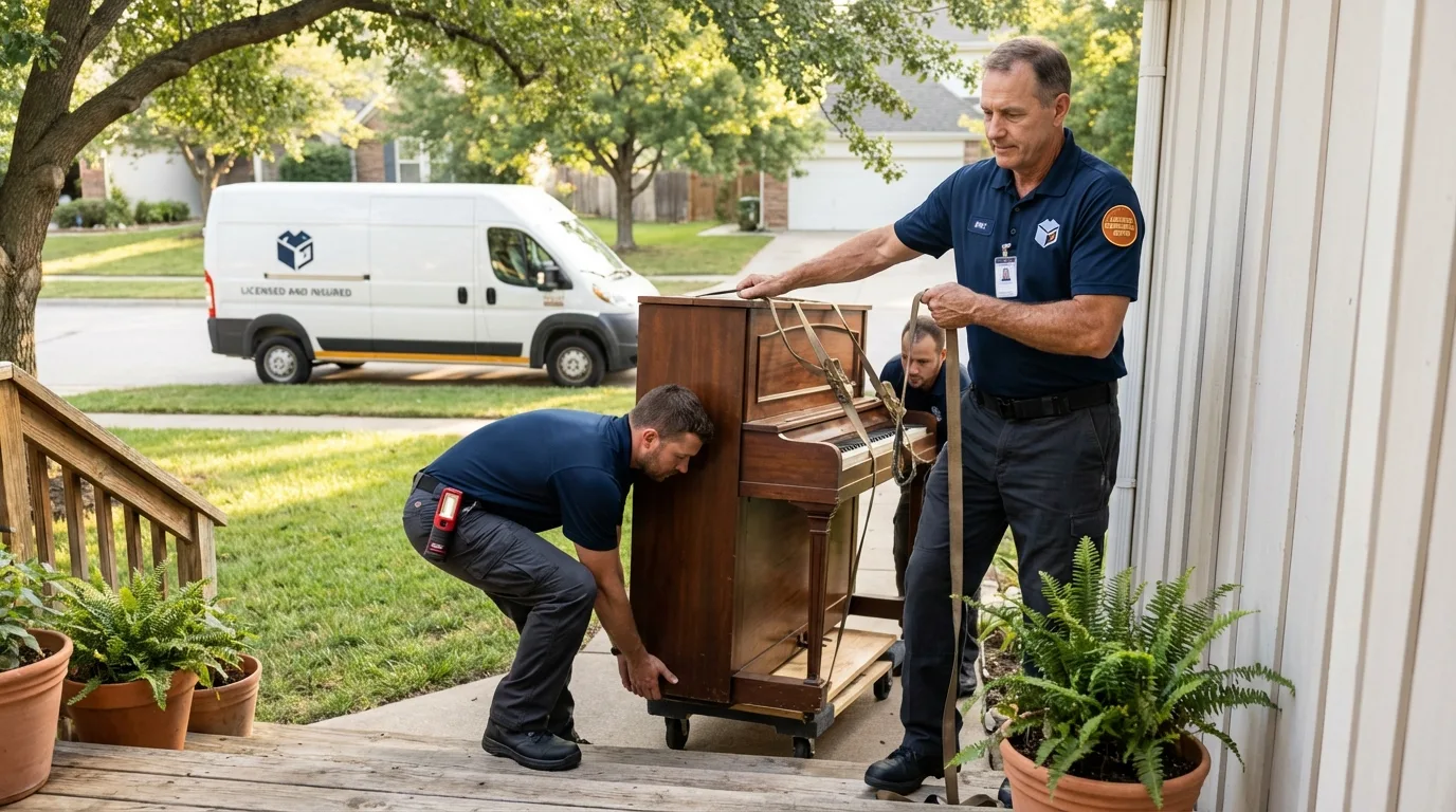 Licensed piano movers securing grand piano in Hudson, WI
