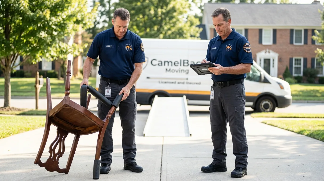 Movers inspecting furniture for damage prevention before loading in Hudson, WI