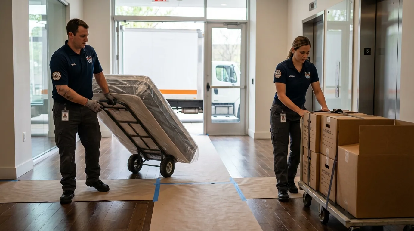 Professional apartment movers loading elevator in Hudson, WI