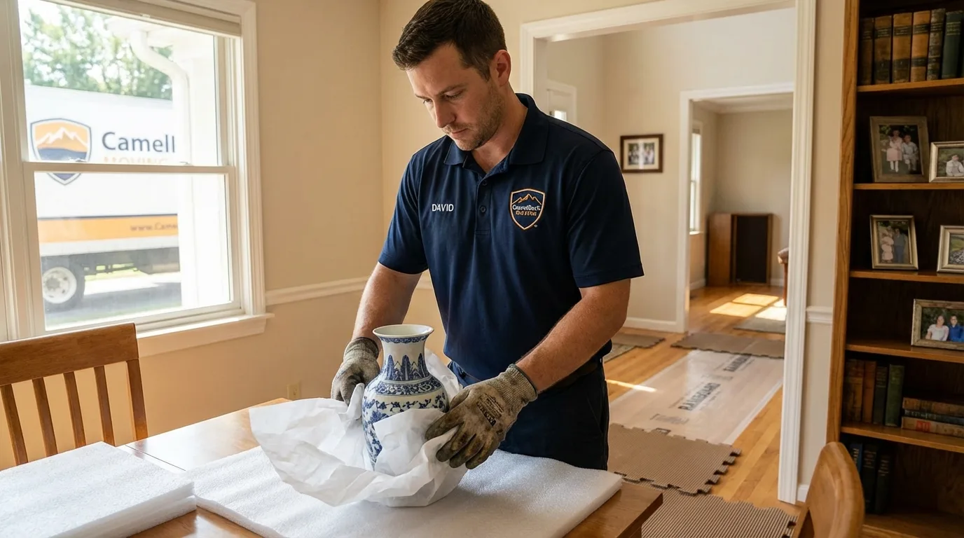 Professional crew carefully wrapping antique vase for senior downsizing move in Hudson, WI